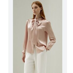 NWOT Lilysilk 100% Silk Bow-Tie Neck Blouse Pale Pink Long Sleeve XL New